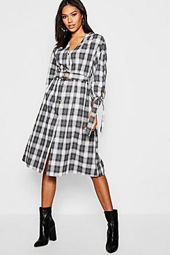 Boohoo Belted Checked Tie Sleeve Midi Dress