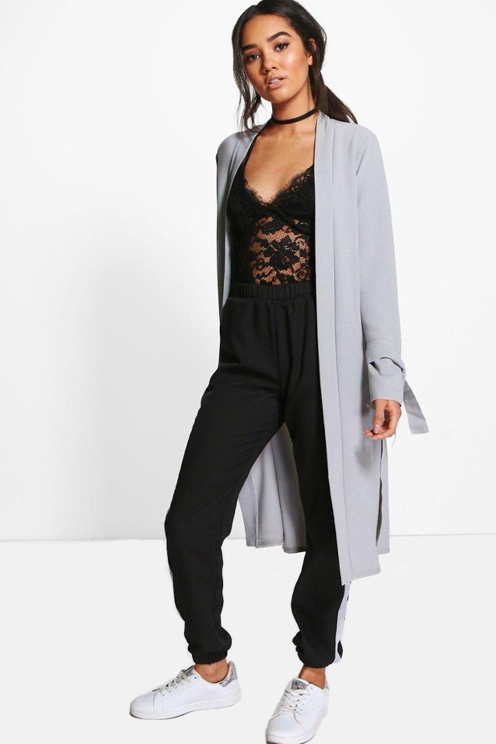 Boohoo Petite Annie Tie Cuff Duster Jacket Dove