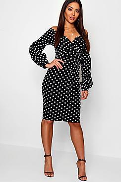 Boohoo Spot Print Sweetheart Neckline Tie Belt Midi