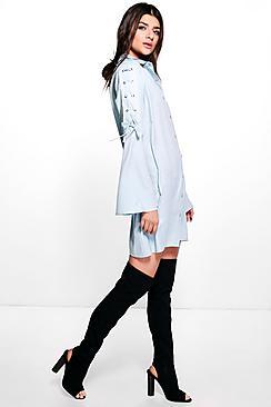 Boohoo Raelyn Crepe Lace Up Sleeve Shirt Dress