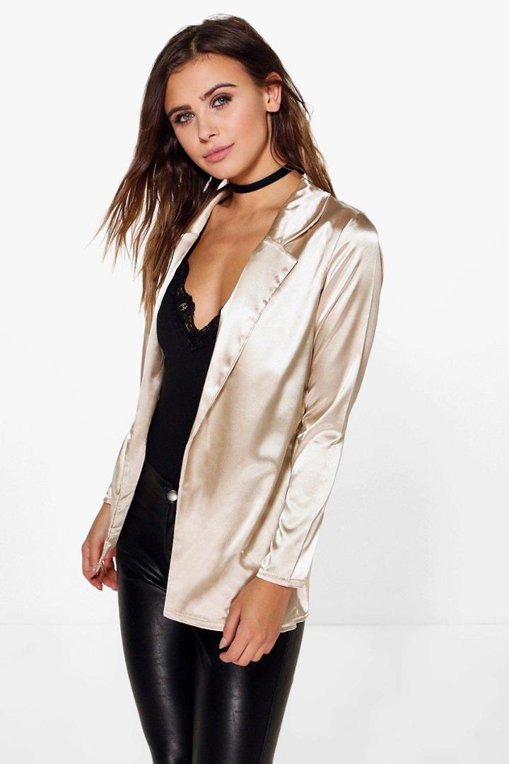 Boohoo Petite Millie Satin Blazer Nude