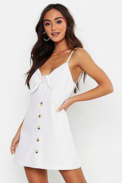 Boohoo Petite Button Knot Front Denim Dress