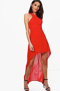 Boohoo Riena Chiffon Strappy Dip Hem Midi Dress