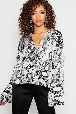 Boohoo Satin Snake Print Wide Sleeve Shirt