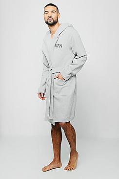 Boohoo Jersey Fleece Hooded Robe With Man Embroidery