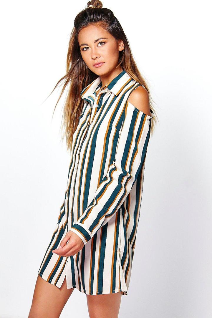 Boohoo Suki Cold Shoulder Stripe Shirt Dress Teal