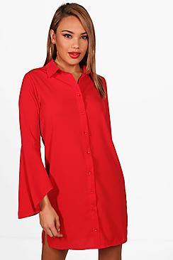 Boohoo Flare Sleeve Shirt Dress
