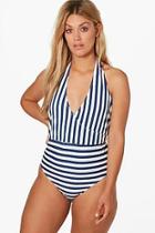 Boohoo Plus Kerry Wrap Over Stripe Swimsuit