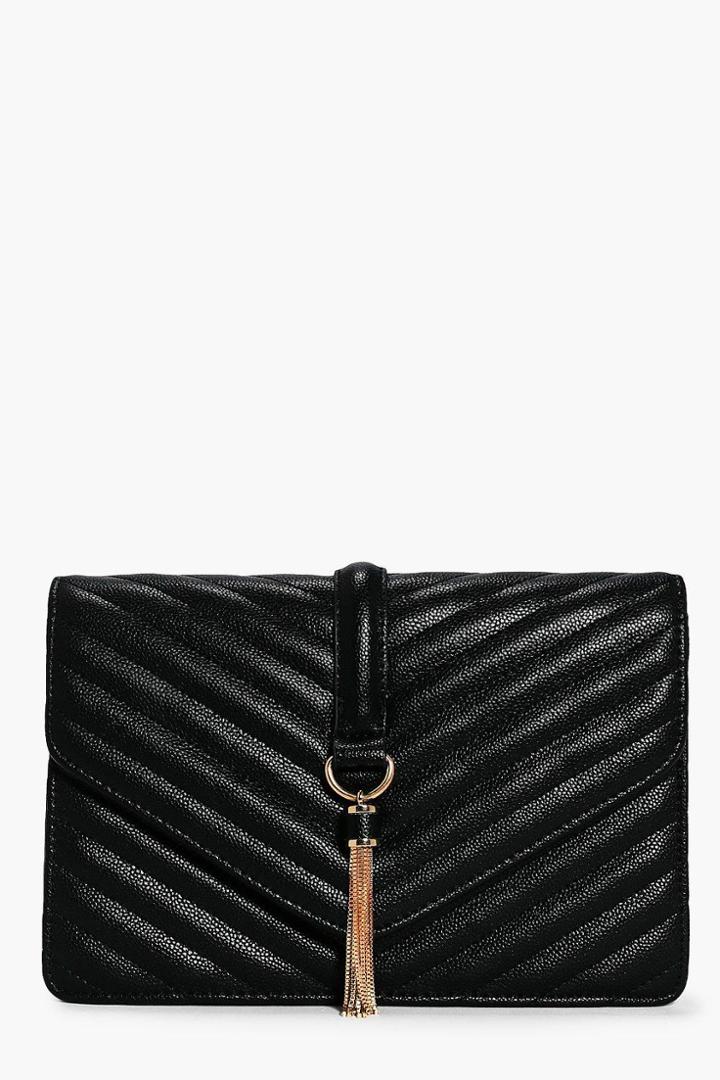 Boohoo Rose Quilted Tassel Trim Cross Body Bag Black