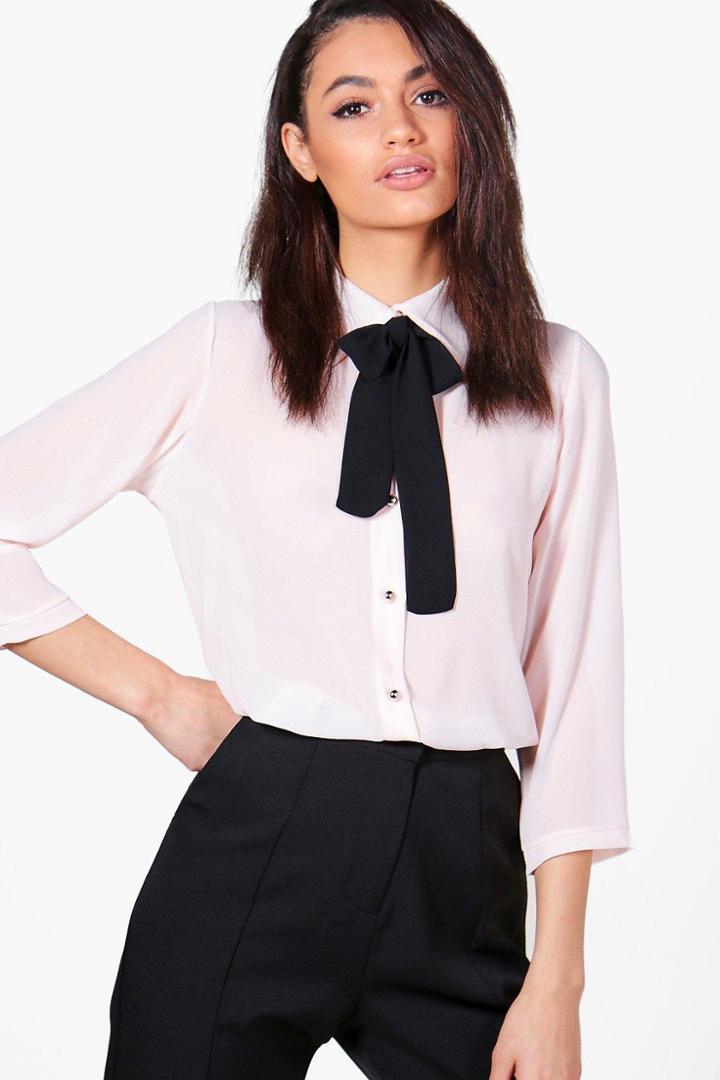 Boohoo Penny Woven Tie Neck Shirt Blush