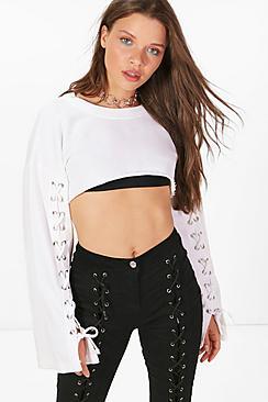 Boohoo Rachel Lace Up Sleeve Crop Sweat