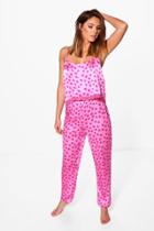 Boohoo Emily Satin Heart Print Lace Hem Cami & Trouser Set Pink