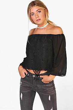 Boohoo Olivia Woven Off The Shoulder Lace Top