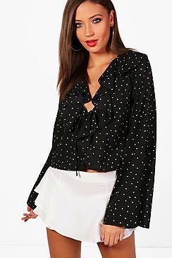Boohoo Tall Seema Ruffle Front Spot Print Blouse