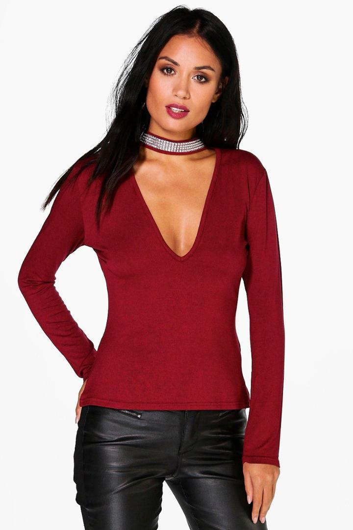 Boohoo Olivia Plunge Neck Embellished Choker Top Wine