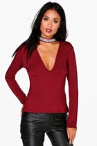 Boohoo Olivia Plunge Neck Embellished Choker Top Wine