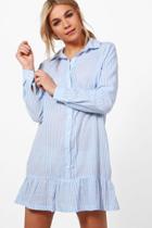 Boohoo Hannah Ruffle Hem Stripe Shirt Dress Blue