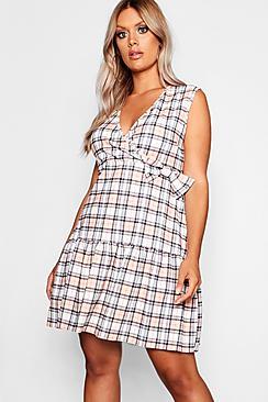 Boohoo Plus Check Wrap Ruffle Skater Dress