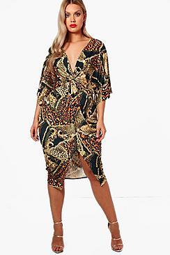 Boohoo Plus Lena Leopard Chain Print Wrap Dress