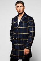 Boohoo Navy Wool Mix Check Overcoat