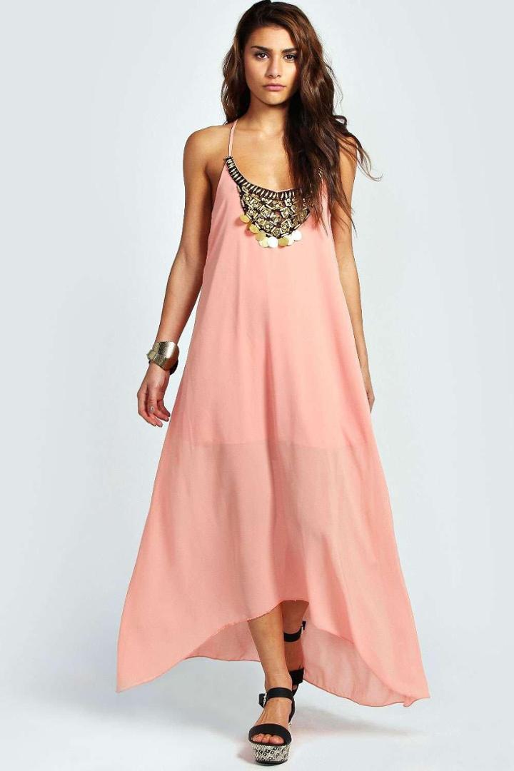 Boohoo Ida Beaded Necklace Dip Hem Maxi Dress Nude
