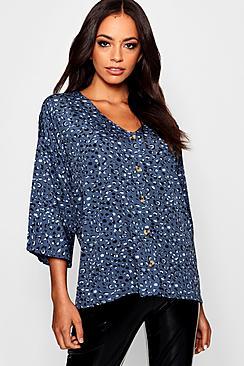 Boohoo Leopard Horn Button Woven Shirt