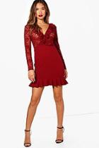 Boohoo Lace Long Sleeve Frill Hem Mini Dress