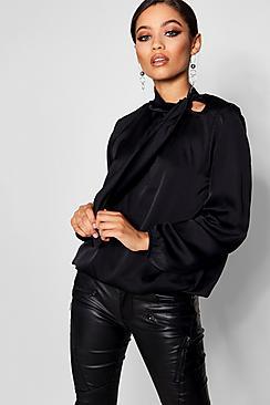 Boohoo Emma Pussy Bow Satin Blouse