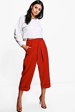 Boohoo Harper Tie Waist Turn Up Woven Tailored Trousers