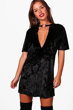 Boohoo Petite Una Detail Velvet Shift Dress