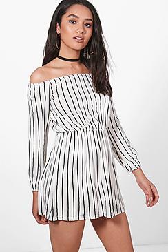 Boohoo Petite Imogen Stripe Off The Shoulder Dress