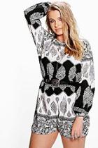 Boohoo Plus Paige Mono Print Wide Sleeve Playsuit