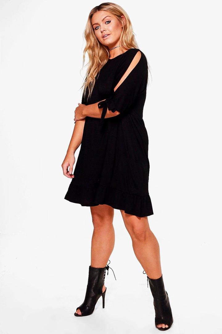 Boohoo Plus Katy Tie Sleeve Smock Dress Black