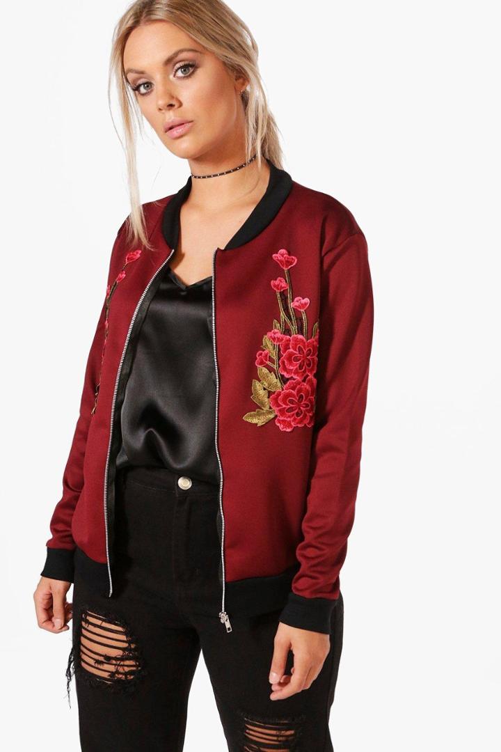 Boohoo Plus Jemima Floral Applique Bomber Burgundy