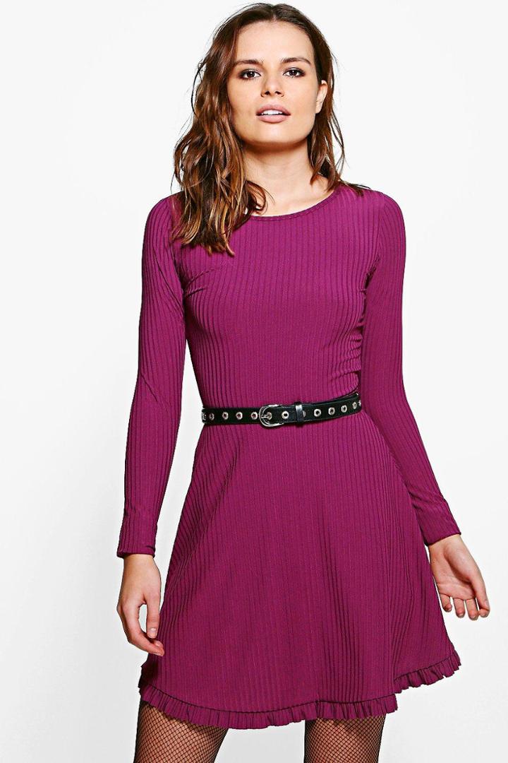 Boohoo Sally Ribbed Skater Dress Plum