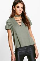 Boohoo Jordan Cage Front Choker Tee Olive