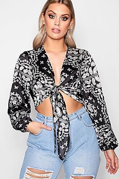 Boohoo Plus Katie Tie Hem Scarf Print Top