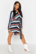 Boohoo Woven Stripe Button Through Belted Shirt Dress