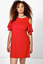 Boohoo Plus Annie Frill Cold Shoulder Swing Dress Red