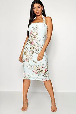 Boohoo Floral Print Sqaure Neck Midi Dress