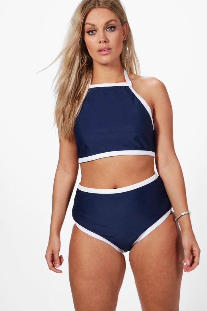 Boohoo Plus Chrissie Colour Block Trim Halterneck Bikini Navy