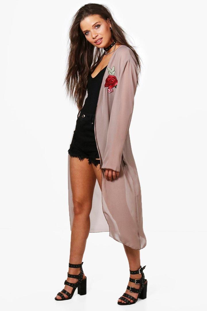 Boohoo Charlotte Embroidered Kimono Mocha