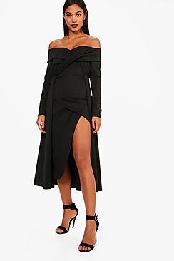 Boohoo Hannah Off Shoulder Wrap Detail Midi Dress