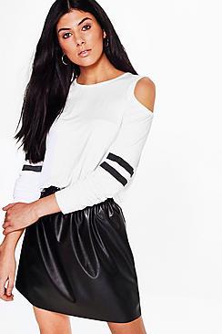 Boohoo Mia Cold Shoulder Long Sleeve Baseball Stripe Tee