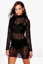 Boohoo Emiko High Neck All Over Lace Bodycon Dress Black