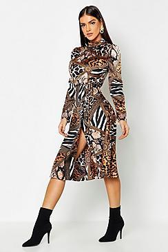 Boohoo Mixed Animal Print Keyhole Back Midi Dress