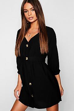 Boohoo Button Front Linen Look Smock Dress