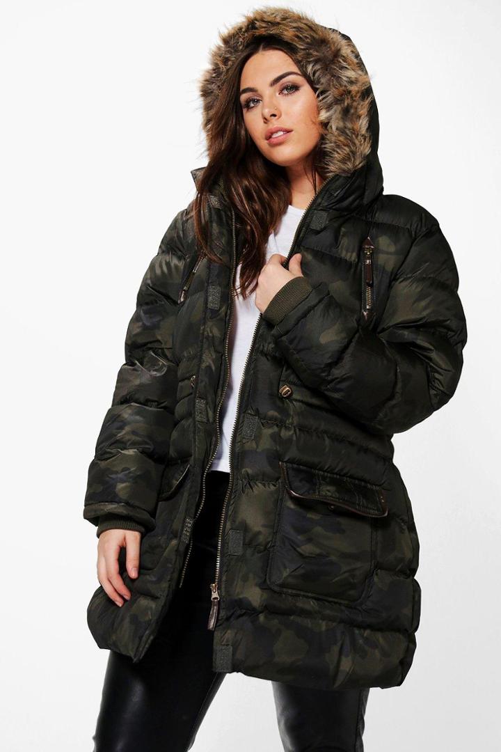 Boohoo Plus Mila Camo Parka With Faux Fur Hood Multi
