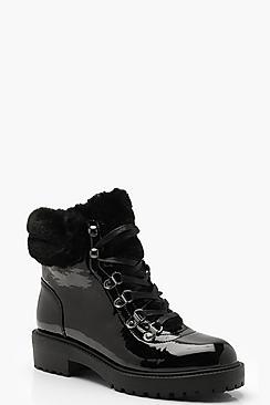 Boohoo Faux Fur Cuff Patent Hiker Boots