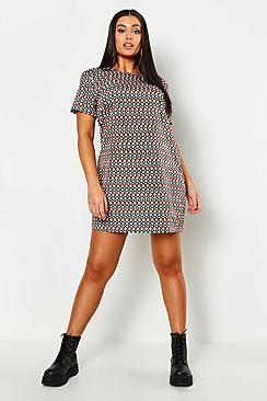 Boohoo Plus Geo Satin Printed Shift Dress